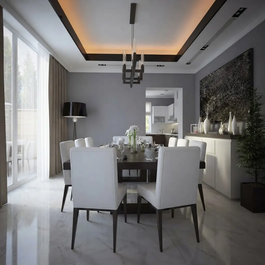 Formal dining room with a charcoal grey wall, white chairs and a dark abstract canvas
