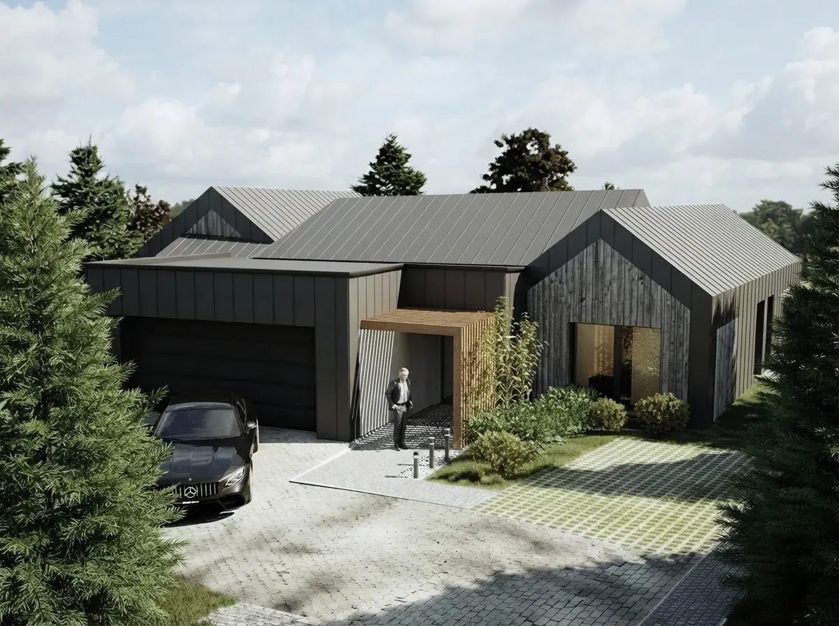 Modern barn house with charred black vertical boards set close together, a wood clad entry and a dark garage door on a gravel drive