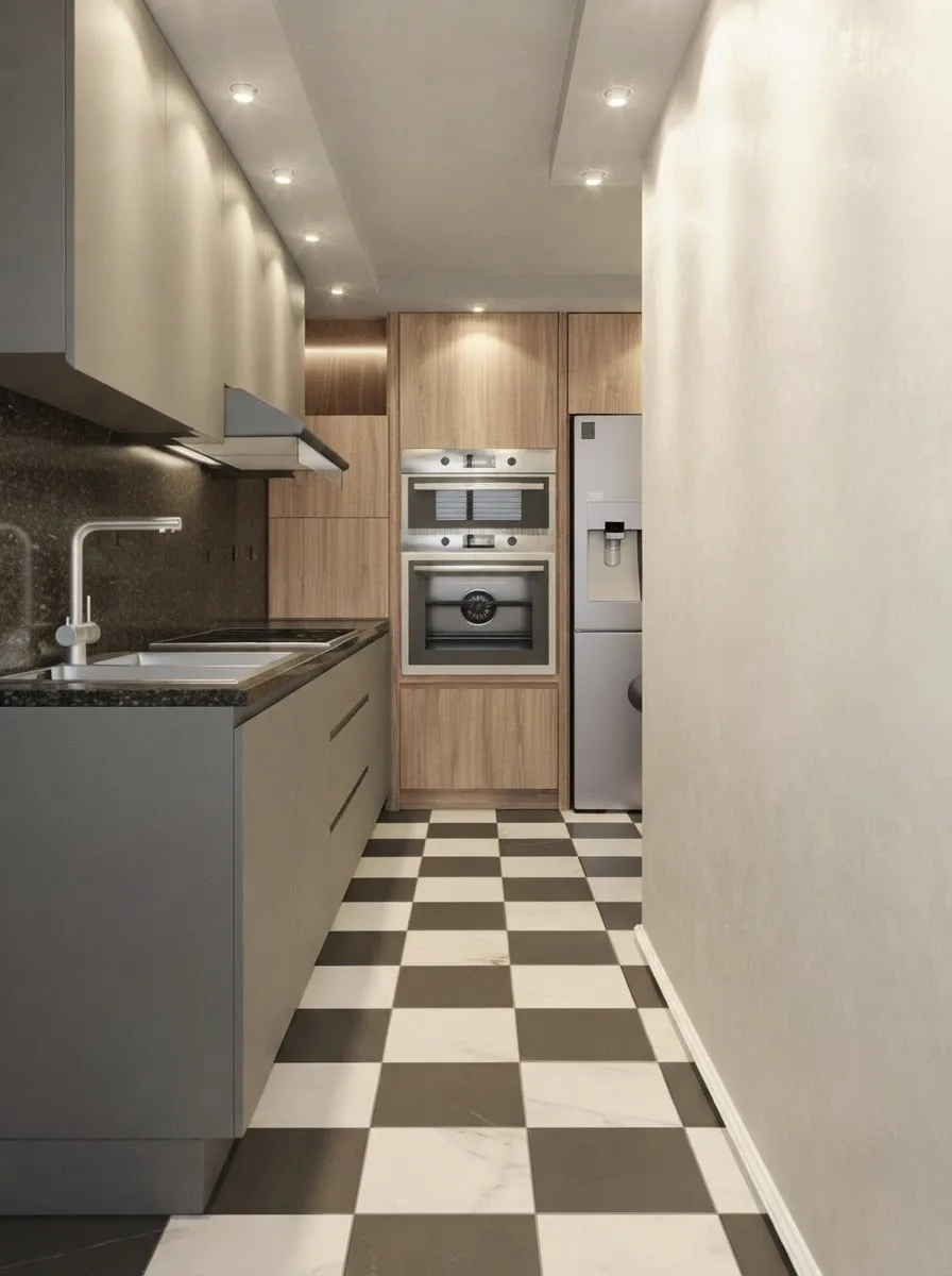 Checkerboard Floor Monochrome Kitchen