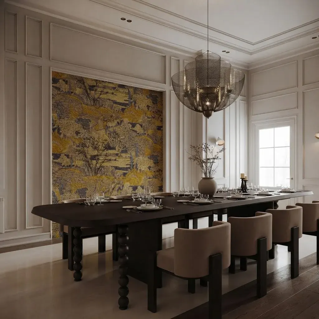 Formal dining room with white wall moldings framing a large gold and gray chinoiserie wallpaper panel, a long dark dining table and a glass chandelier