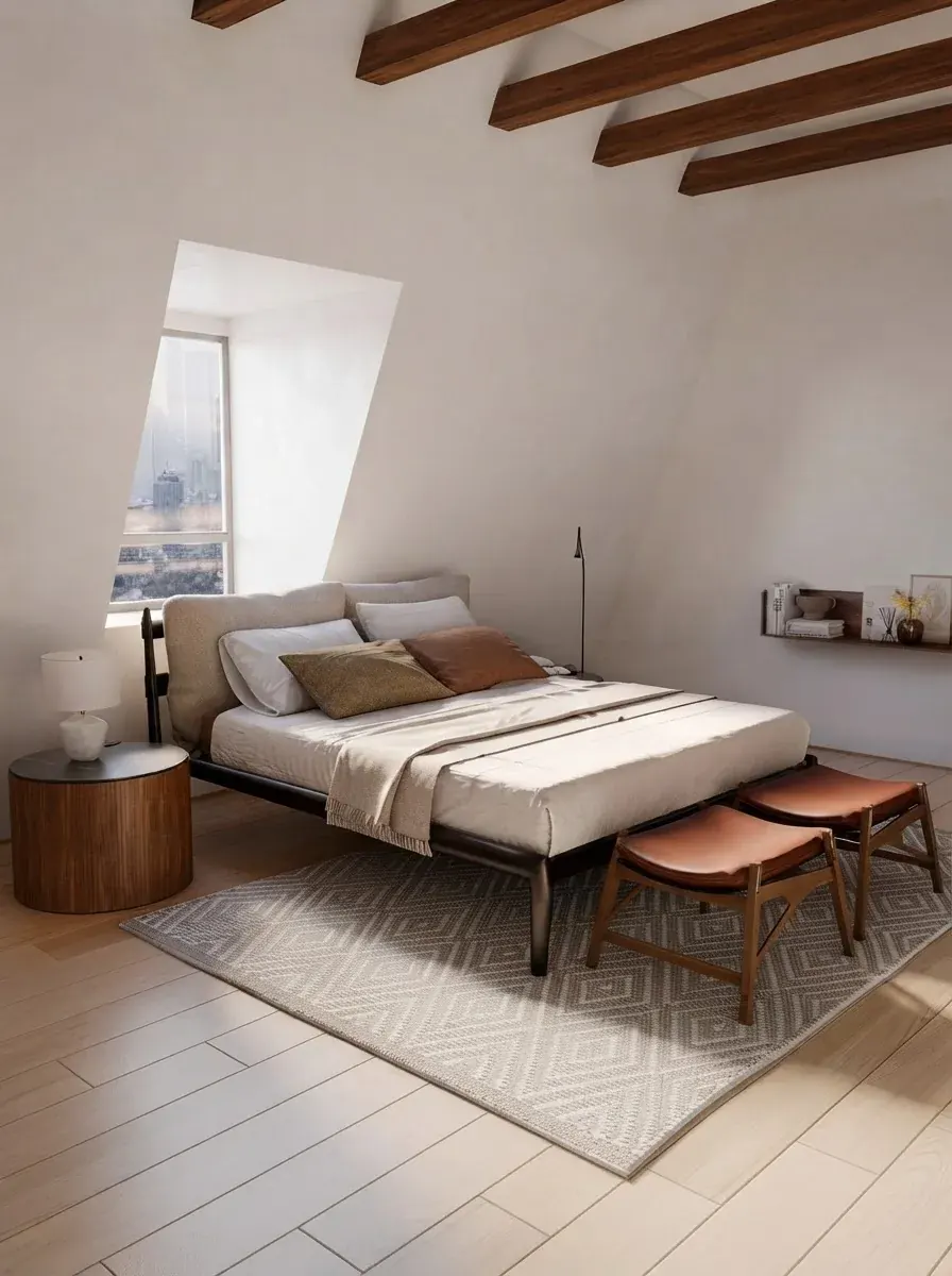 Attic bedroom with a sloped ceiling, a dormer window showing a city skyline, a low platform bed with white and olive bedding, a round timber side table and two small stools at the foot of the bed