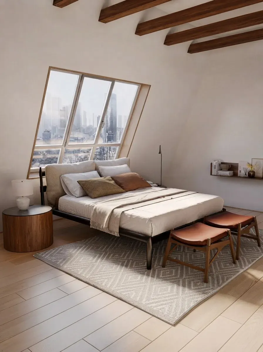 The same attic bedroom from a very similar angle, with a wider view of the city skyline through the dormer window and the same low bed, side table and pair of stools