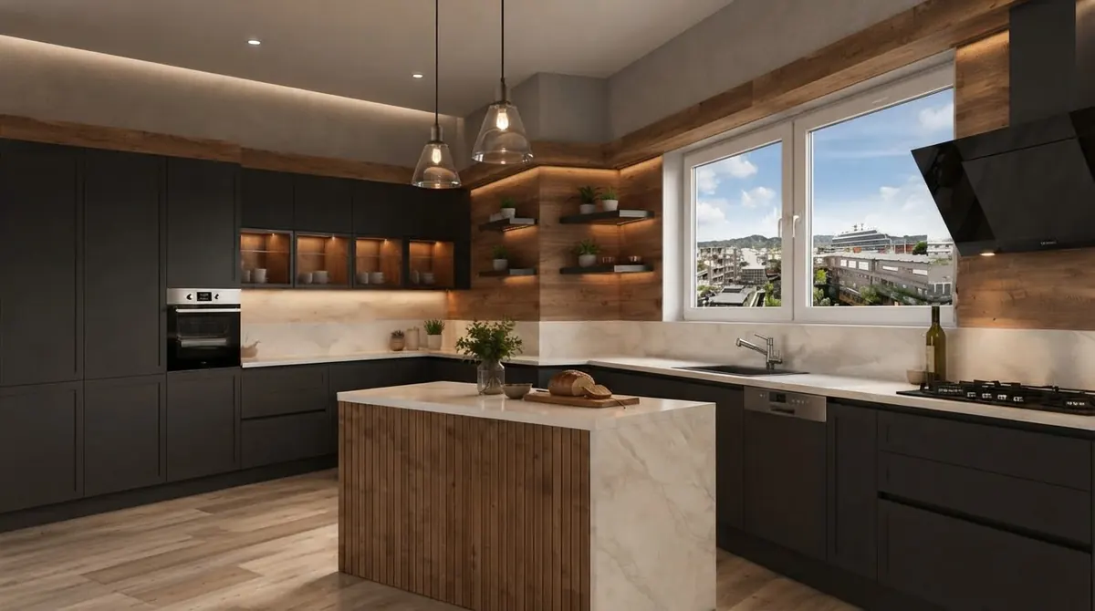 A two-tone kitchen with black flat cabinets, warm lit wooden open shelves in the corner, a marble and slatted wood island, and a large window over the city