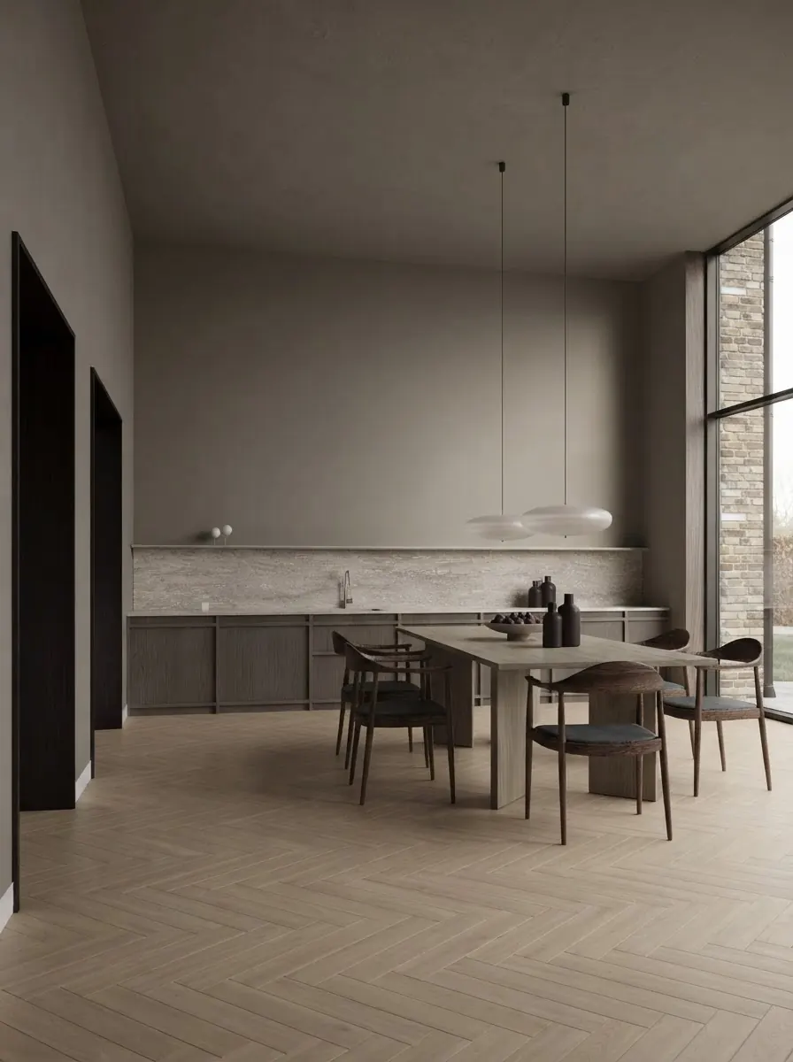 Dining hall with a tall clay-plaster wall, a travertine splashback and a walnut table under two pendant lights