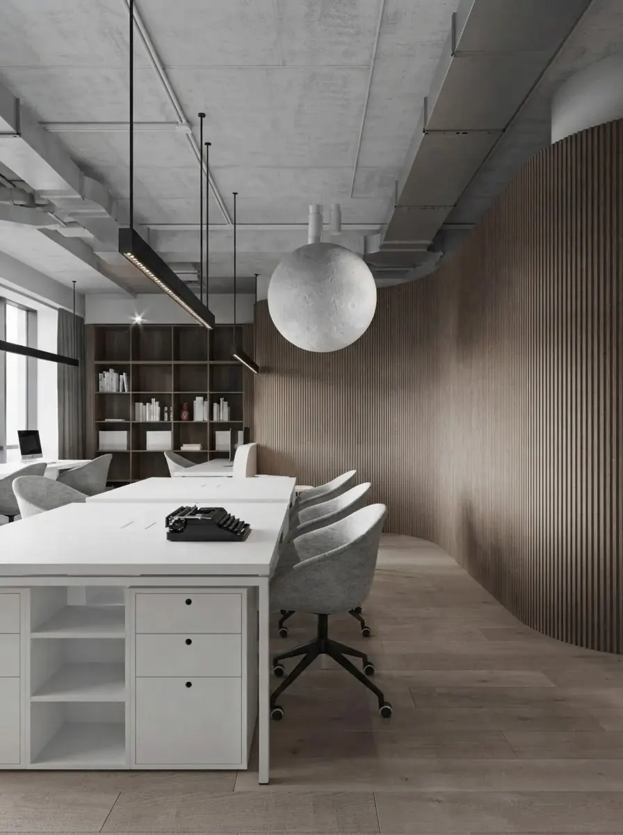 A finished render of an open studio with an exposed concrete ceiling, a white meeting table with grey chairs and a typewriter, a large moon pendant lamp, built-in shelves and a curved slatted timber wall