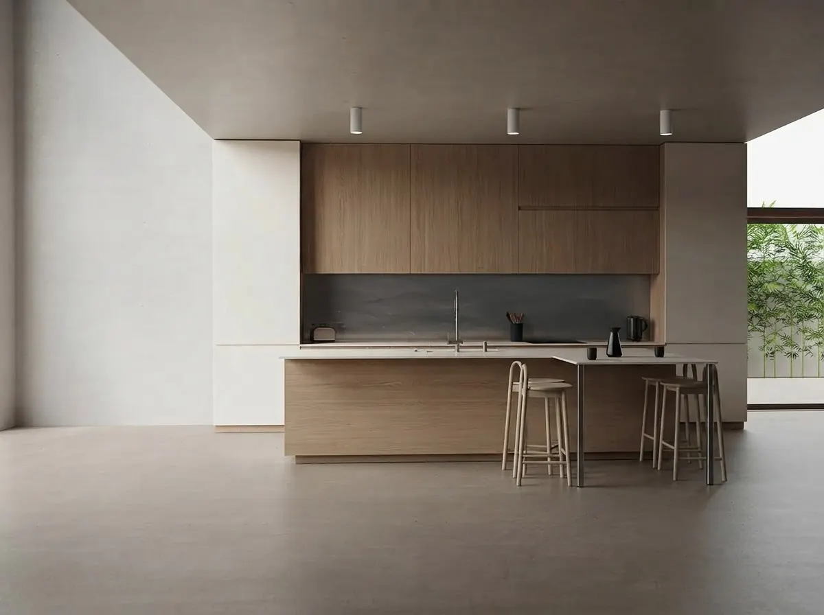 A finished render of a pale kitchen with an oak island and wall cabinets, a grey stone backsplash, two bar stools, ceiling spotlights and a large window onto greenery
