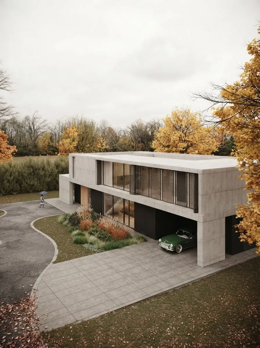 A finished exterior render of a two story board marked concrete house with a timber slatted upper facade, a glazed ground floor, a dark green classic car under the cantilever and autumn trees