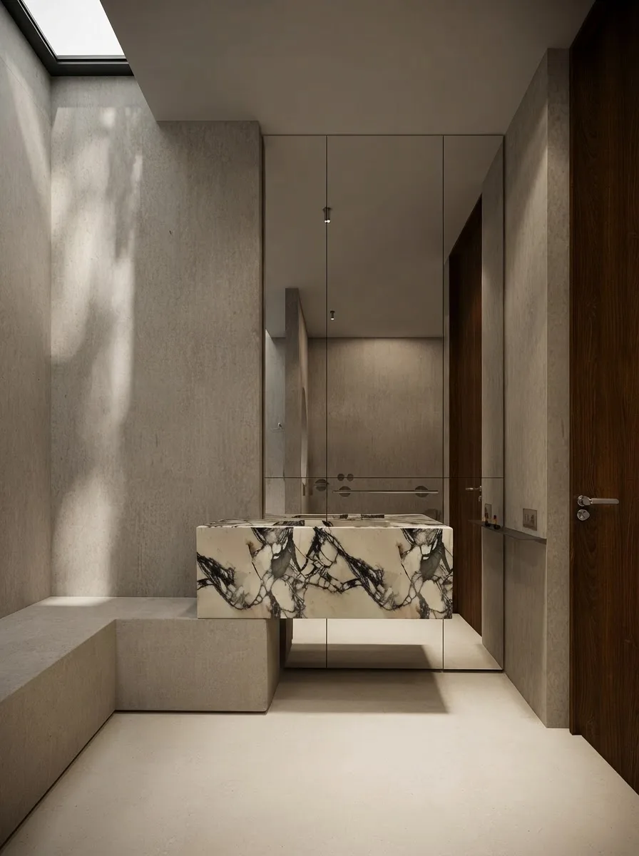 Cool grey microcement bathroom with tall mirror panels, a Calacatta Viola marble vanity, a walnut door and a soft overhead skylight