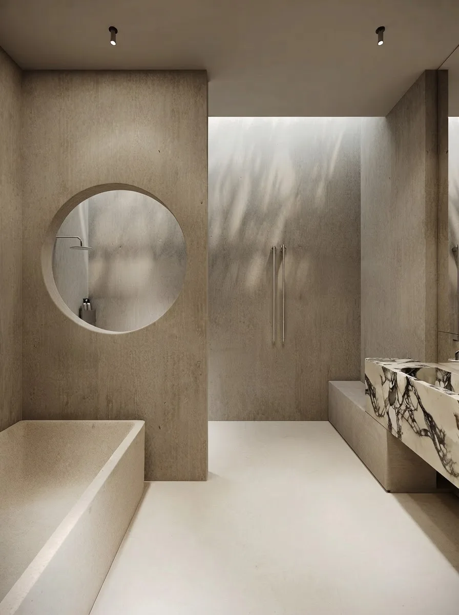 Grey microcement bathroom with a built in tub under a soft skylight, a Calacatta Viola marble vanity and a round mirror on the troweled wall