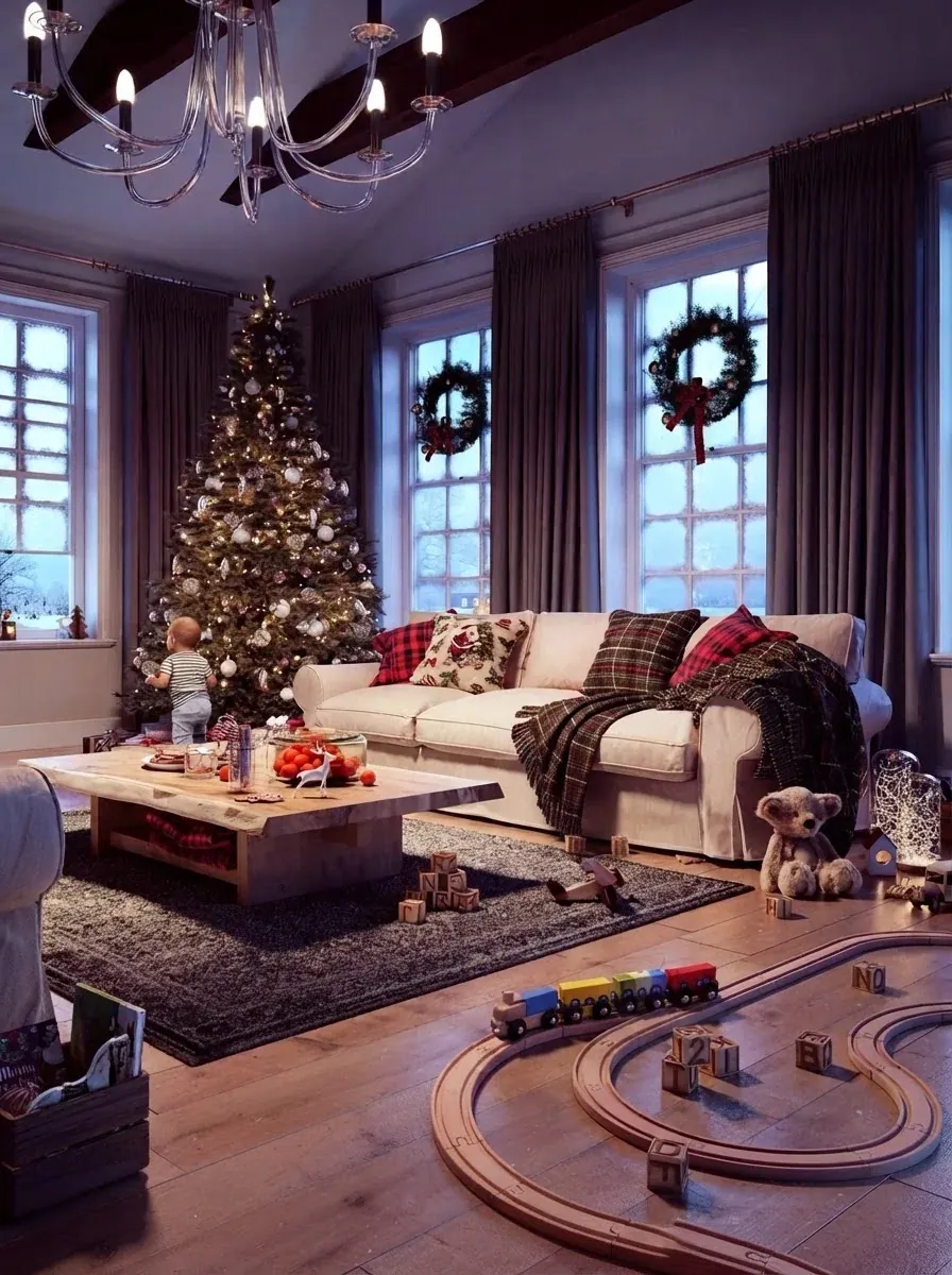 Cottage living room with a real fir Christmas tree beside a paned window with snow outside, tartan cushions on a cream sofa, wrapped gifts and a wooden train set on the floorboards
