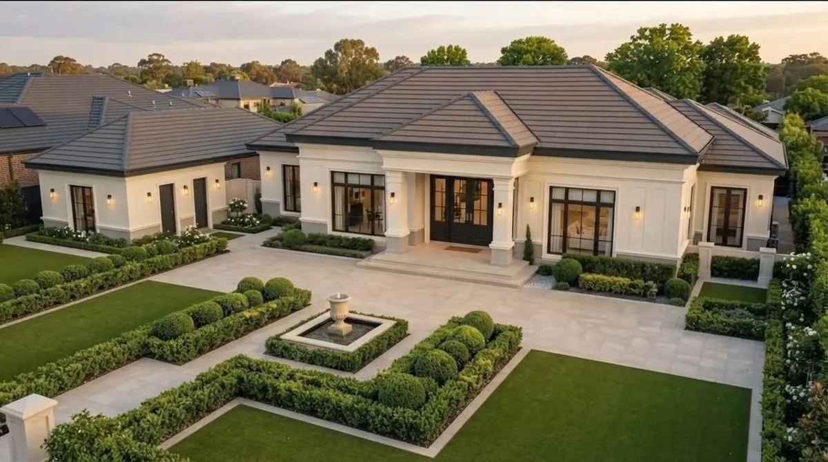 Cream stucco hip roof ranch with a columned entry, black French front doors, a boxwood parterre garden and a fountain