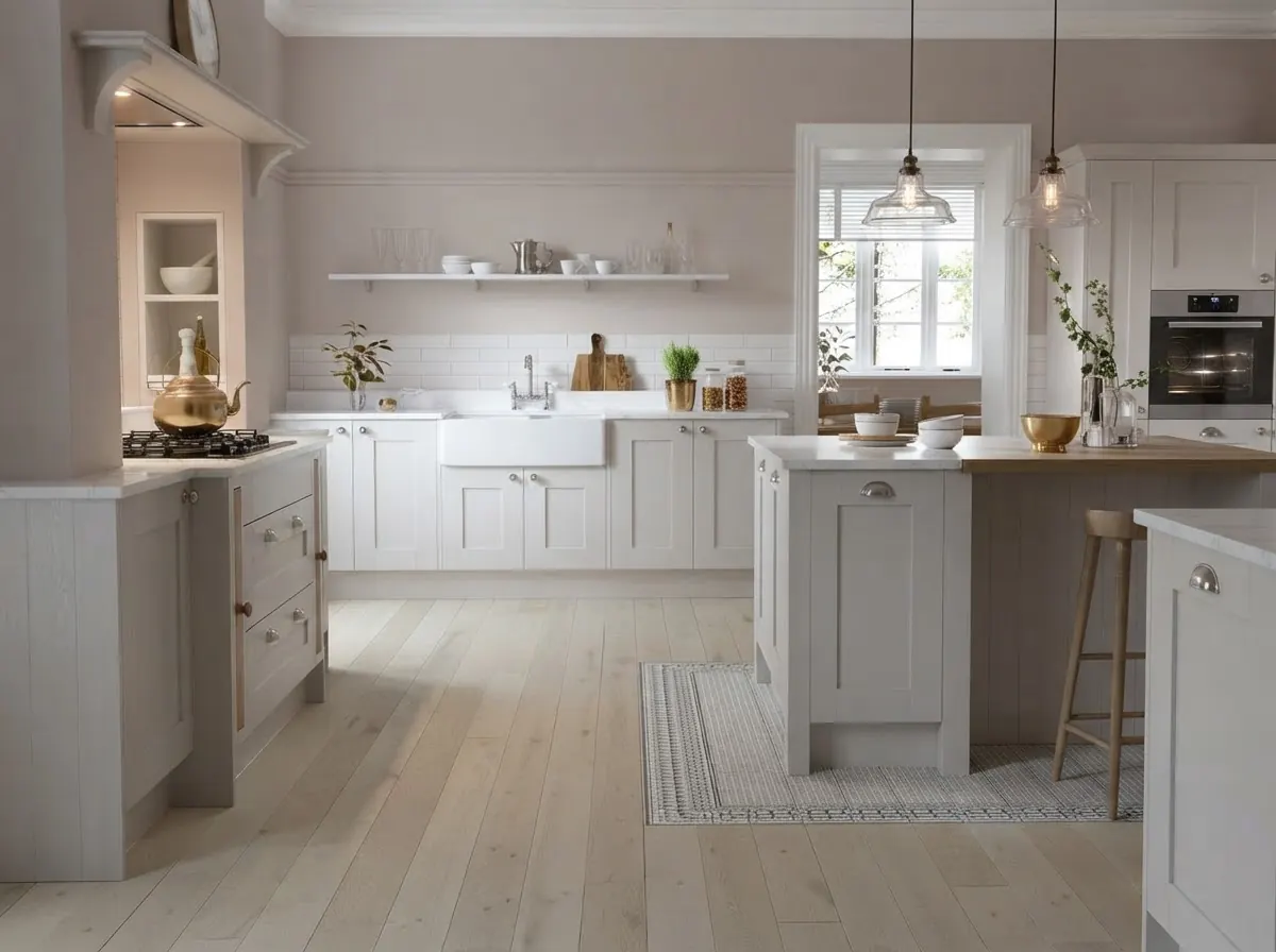 Country kitchen with soft greige painted shaker cabinets, a white farmhouse sink under the window, an island with a matching painted base and pale wide plank floors