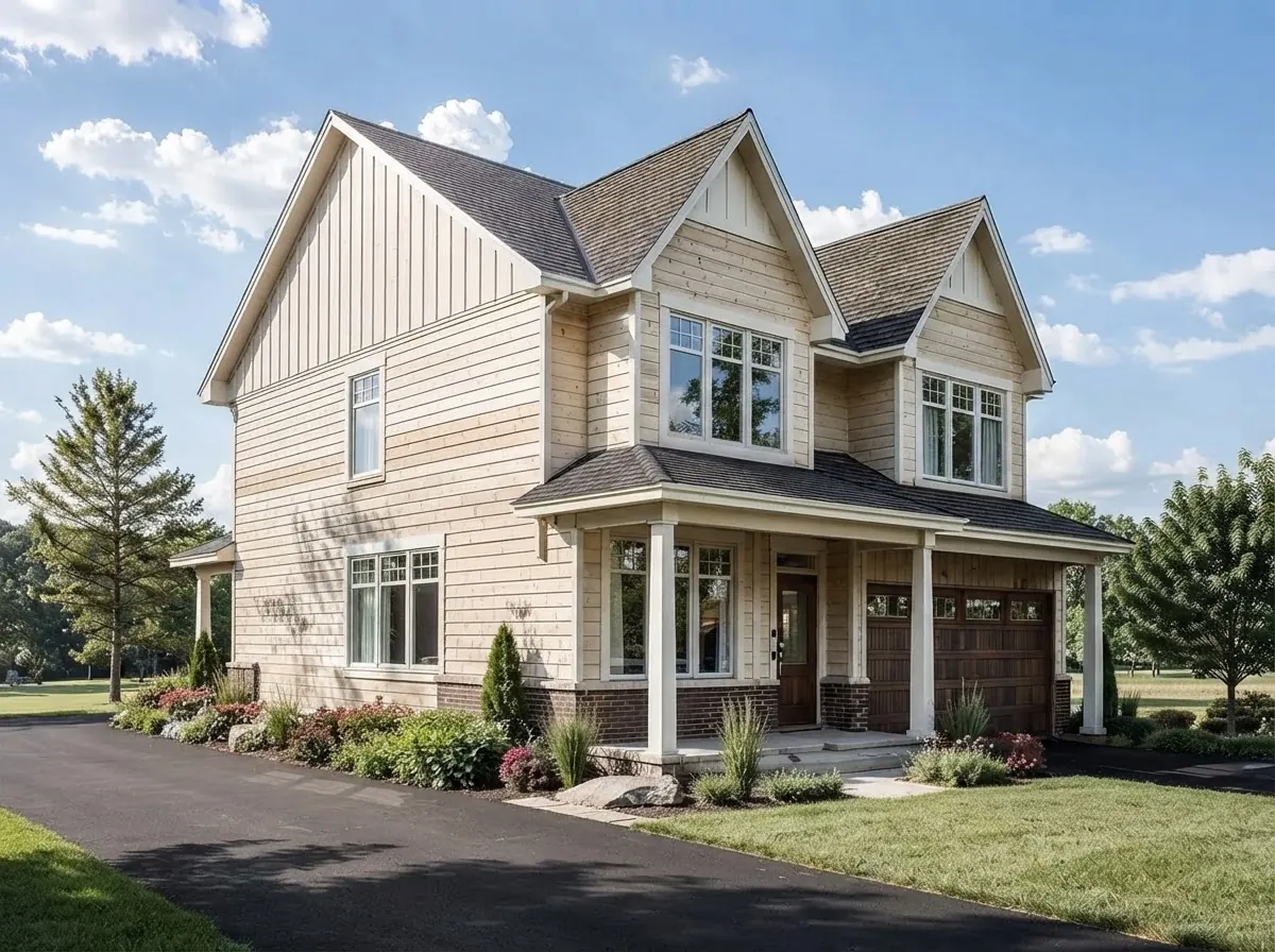 Two story craftsman style house in cream lap siding with white trim, a front gable, a covered porch and a gray shingle roof on a green lawn