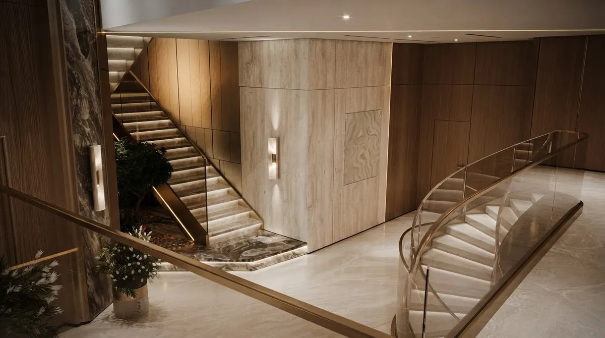 Curved staircase in a warm stone hall with a brass balustrade, travertine walls and recessed lighting along the wall panels