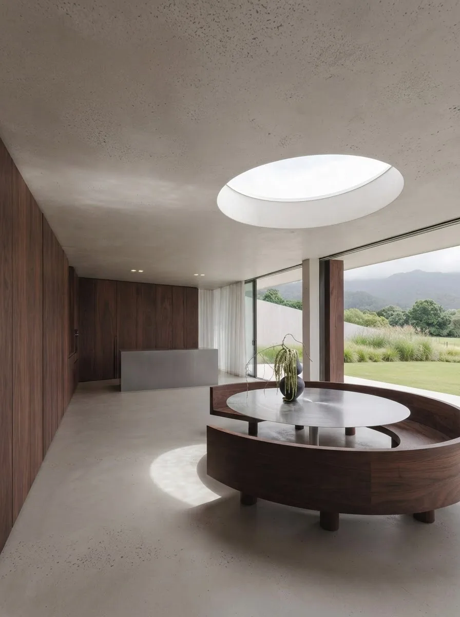 A finished render of a curved limewash room with a round skylight, a built-in walnut banquette around a circular stone table and a glass wall onto green hills