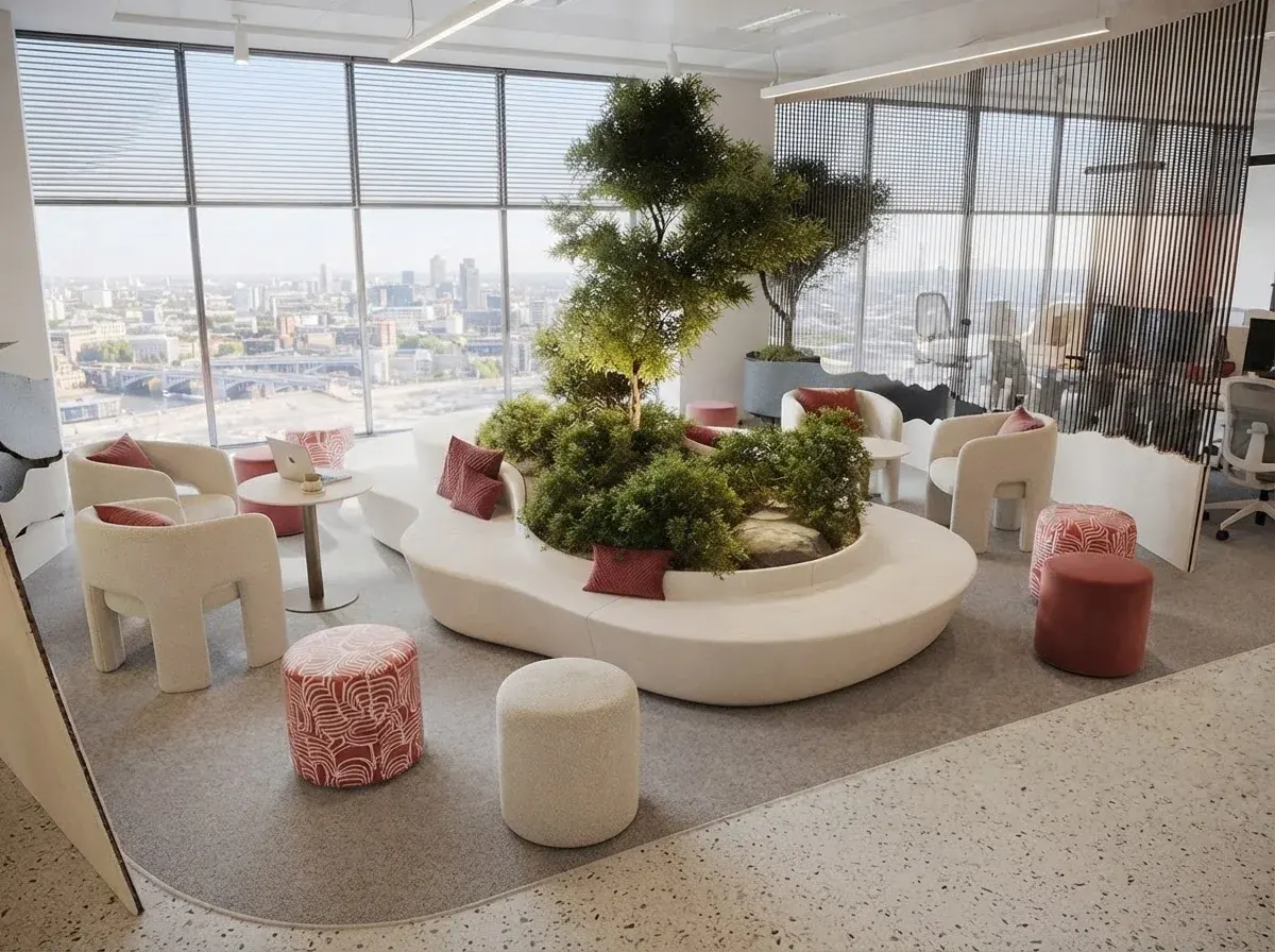 A finished render of an office lounge high above a city with a curved white planter bench full of greenery, boucle armchairs, pink and cream poufs and floor-to-ceiling windows