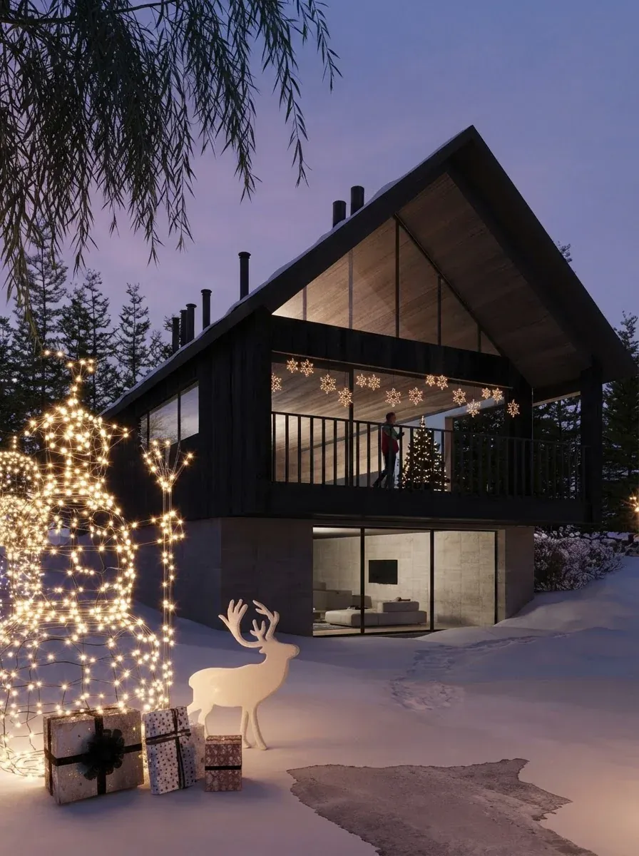 Dark timber cabin at dusk with the garden trees wrapped in warm string lights and a lit wire reindeer standing on the snow