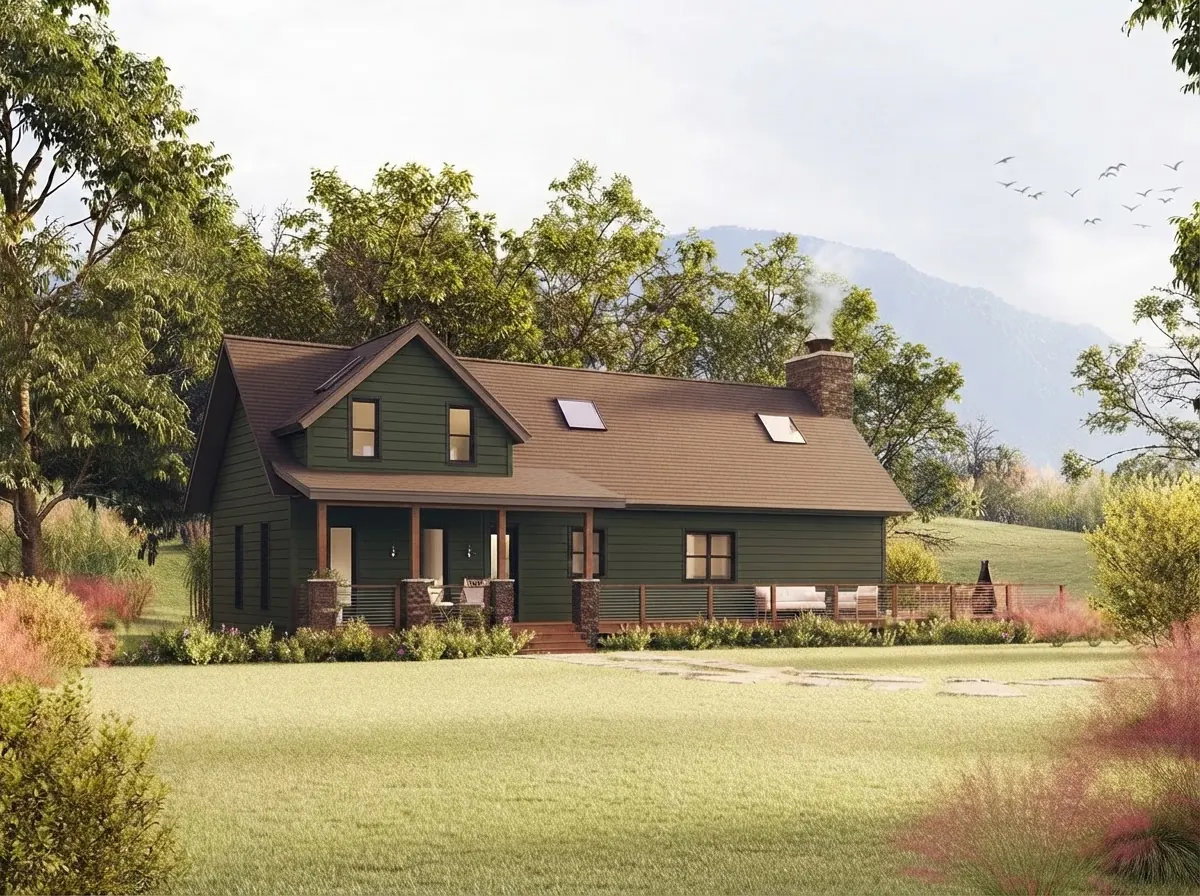 Dark green two story farmhouse with a brown shingle roof, a long covered front porch and a meadow lawn with ornamental grasses