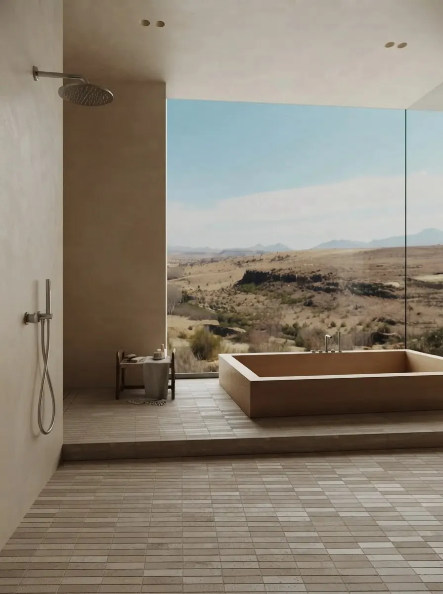 Rectangular stone bathtub set against a full height glass wall with a desert landscape beyond, with a wall mounted filler and a small timber stool
