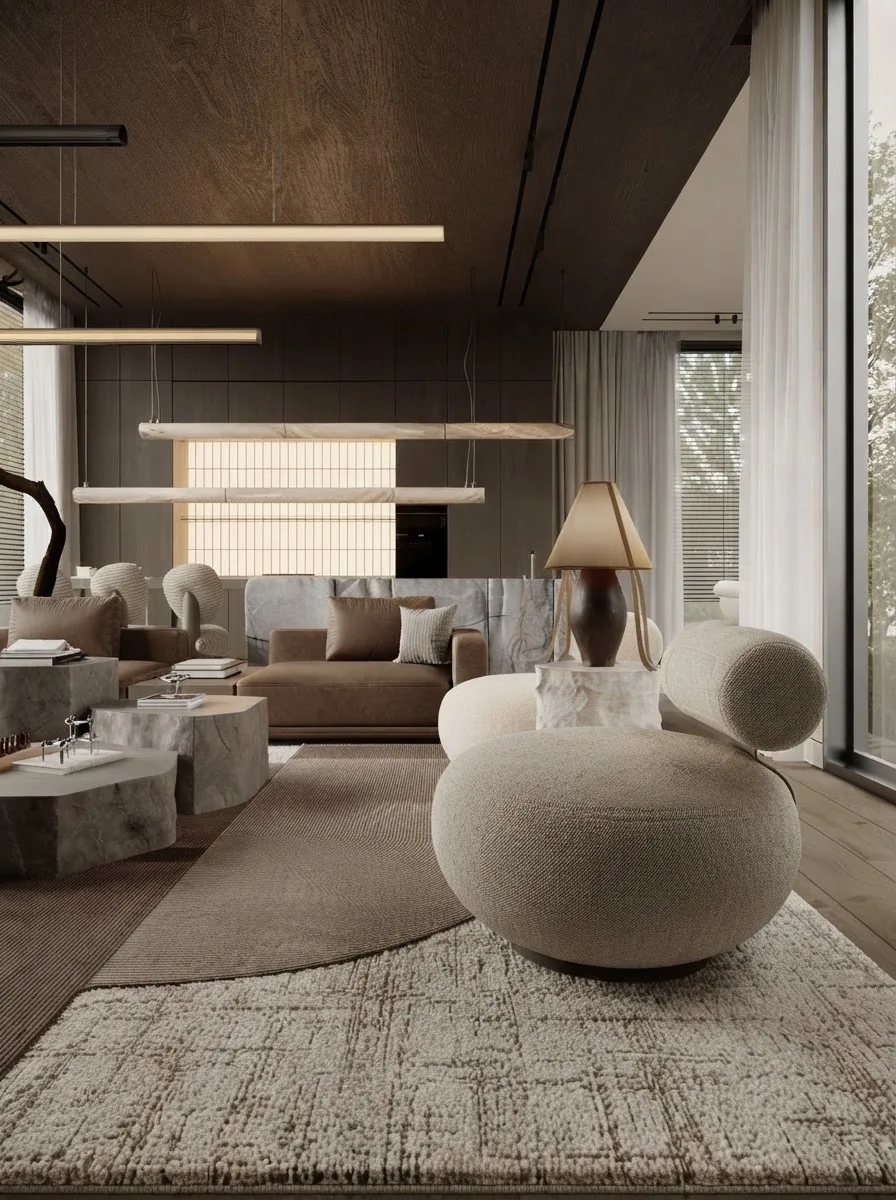 An open living and kitchen area with a round cream boucle lounge chair with a rolled back in the foreground, a brown sofa, stone side tables and a large table lamp behind it