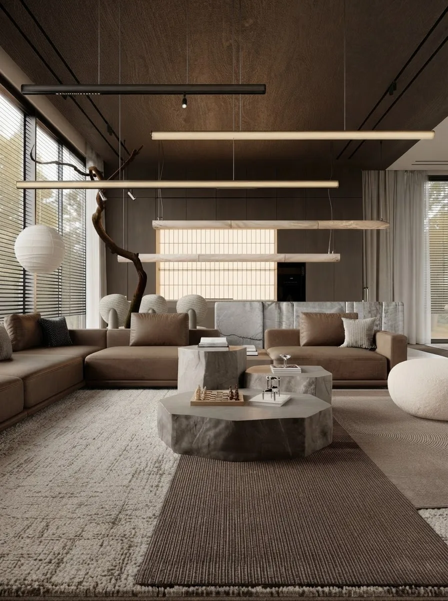Espresso toned living room with a long low brown sofa, boucle stools, a stone coffee table and a linear pendant