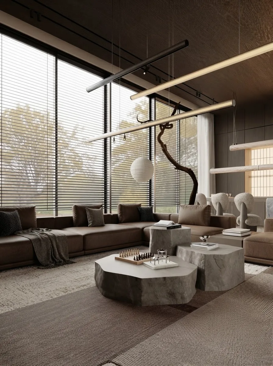 The same espresso living room seen from the opposite side, showing the window wall, a tripod lamp and the full length of the seating