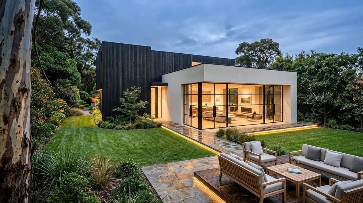White rendered one story wing with floor to ceiling black framed glazing attached to a dark timber clad two story house, with a lawn, stone path and outdoor sofa set at dusk