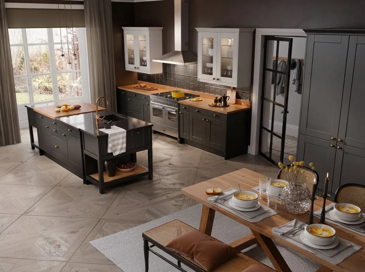 Barndominium kitchen with dark green shaker cabinets, butcher block countertops, a freestanding island on castors, black framed interior glazing and a stone tiled floor running into the dining area
