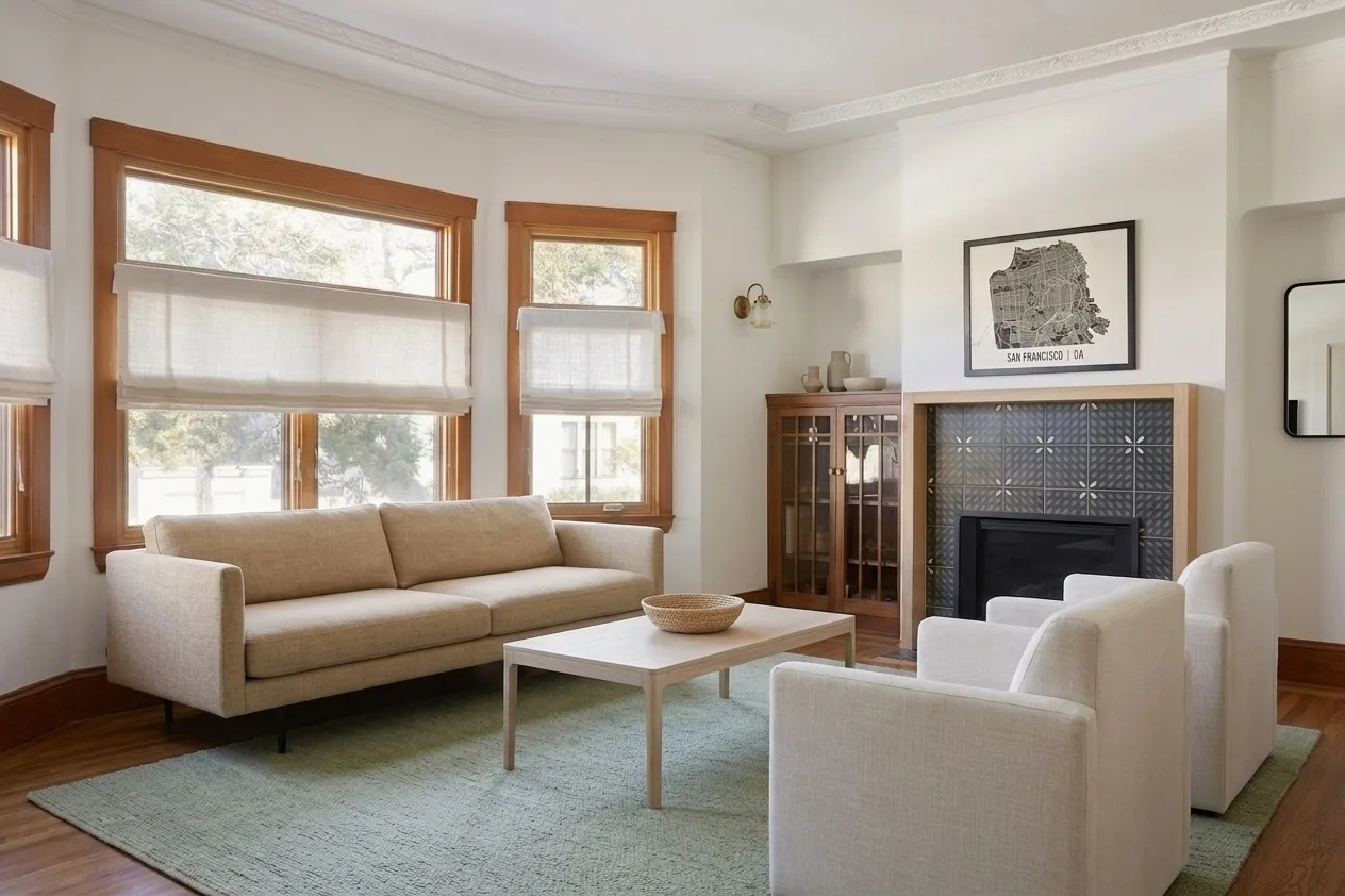 The same living room in a second scheme with a low taupe sofa, a pale oak coffee table, cream armchairs and a sage green rug in front of the tiled fireplace