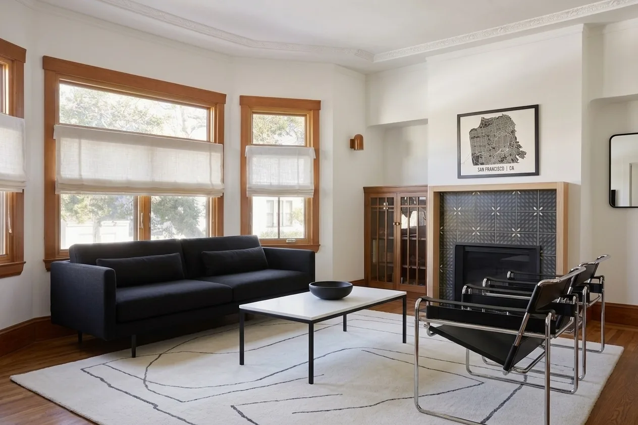 The same living room in a darker scheme with a black leather sofa, a black framed coffee table, a matching leather and chrome lounge chair and a pale abstract rug