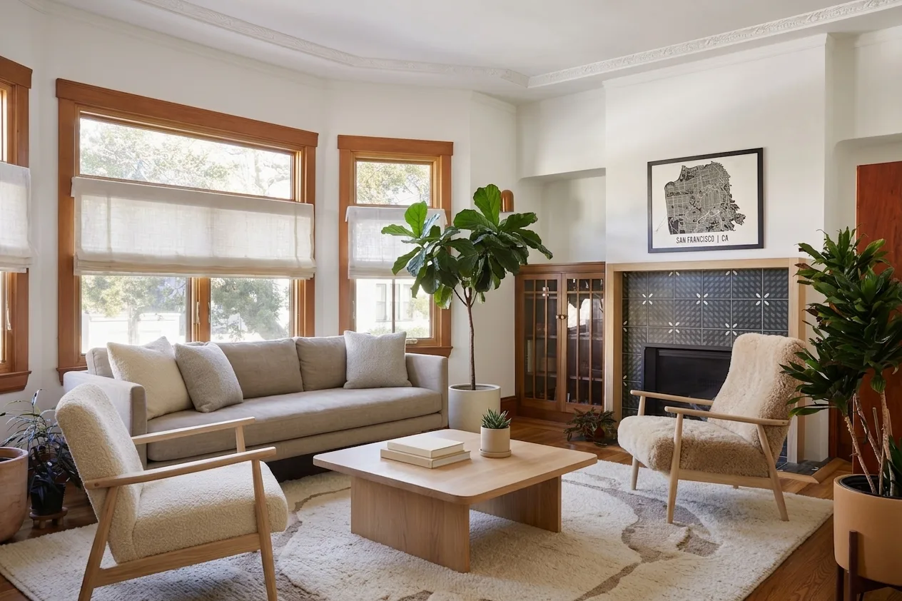 The same living room staged in a light scheme with a cream sofa, a pale wood armchair, a low travertine coffee table, a large fiddle leaf fig and a framed city map above the fireplace