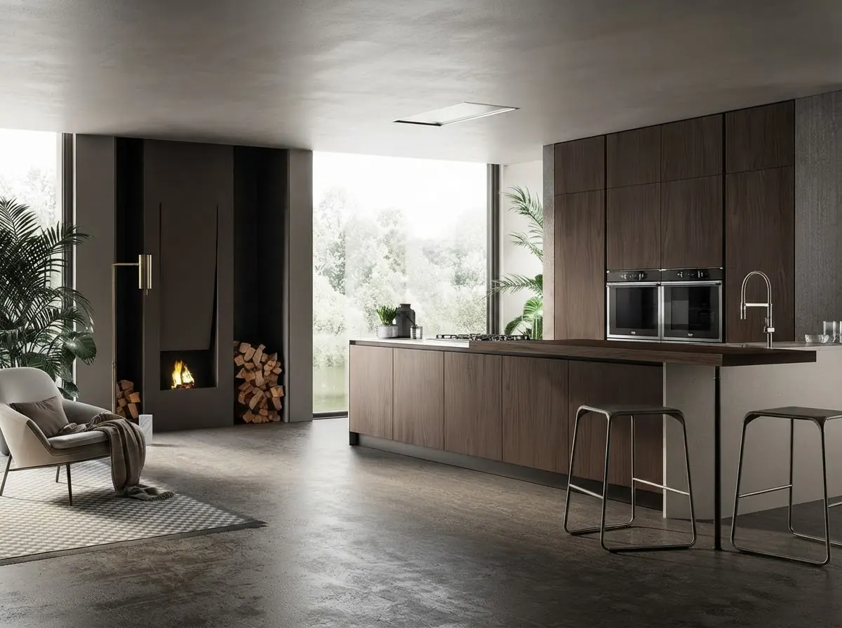 Open plan kitchen with a full wall of dark walnut slab cabinets, a long walnut island with a stone top and steel stools, a concrete floor and a fireplace in the living area beside it