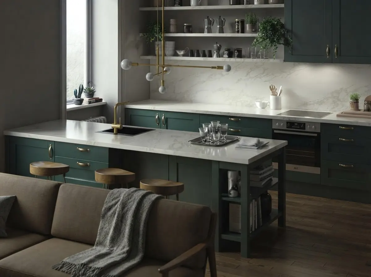 Kitchen with deep forest green shaker cabinets, a matching green island with stools, a white marble countertop and backsplash and open steel shelves