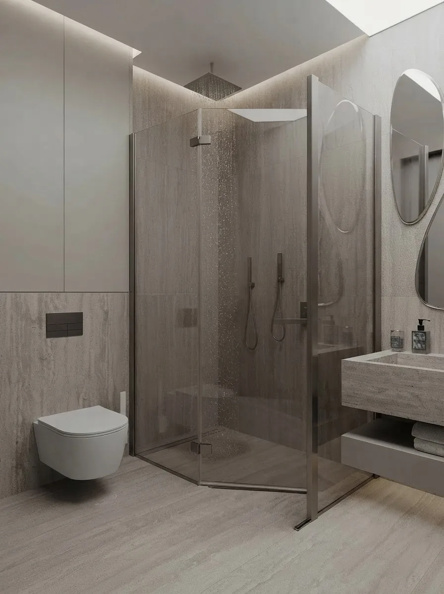 Compact travertine bathroom of about 43 square feet with a wall hung toilet, a small basin and a walk in shower behind glass