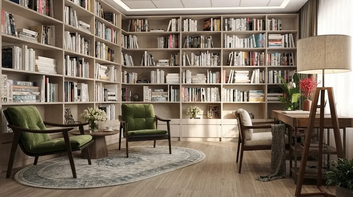 Study with a floor to ceiling built in bookcase filled with books along one wall, two green armchairs, a round patterned rug and a writing desk