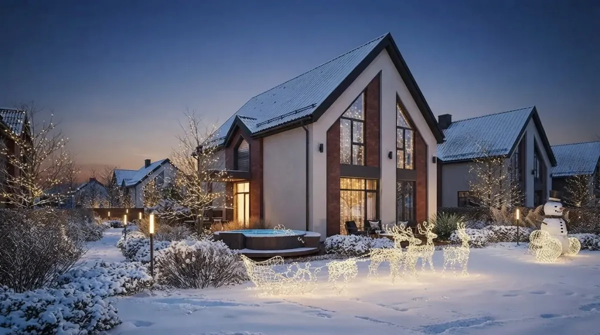 Gabled brick and render house at dusk with warm light in every window, lit wire reindeer pulling a sleigh and a lit snowman on the snowy lawn, a hot tub to the side and a neighbouring house behind