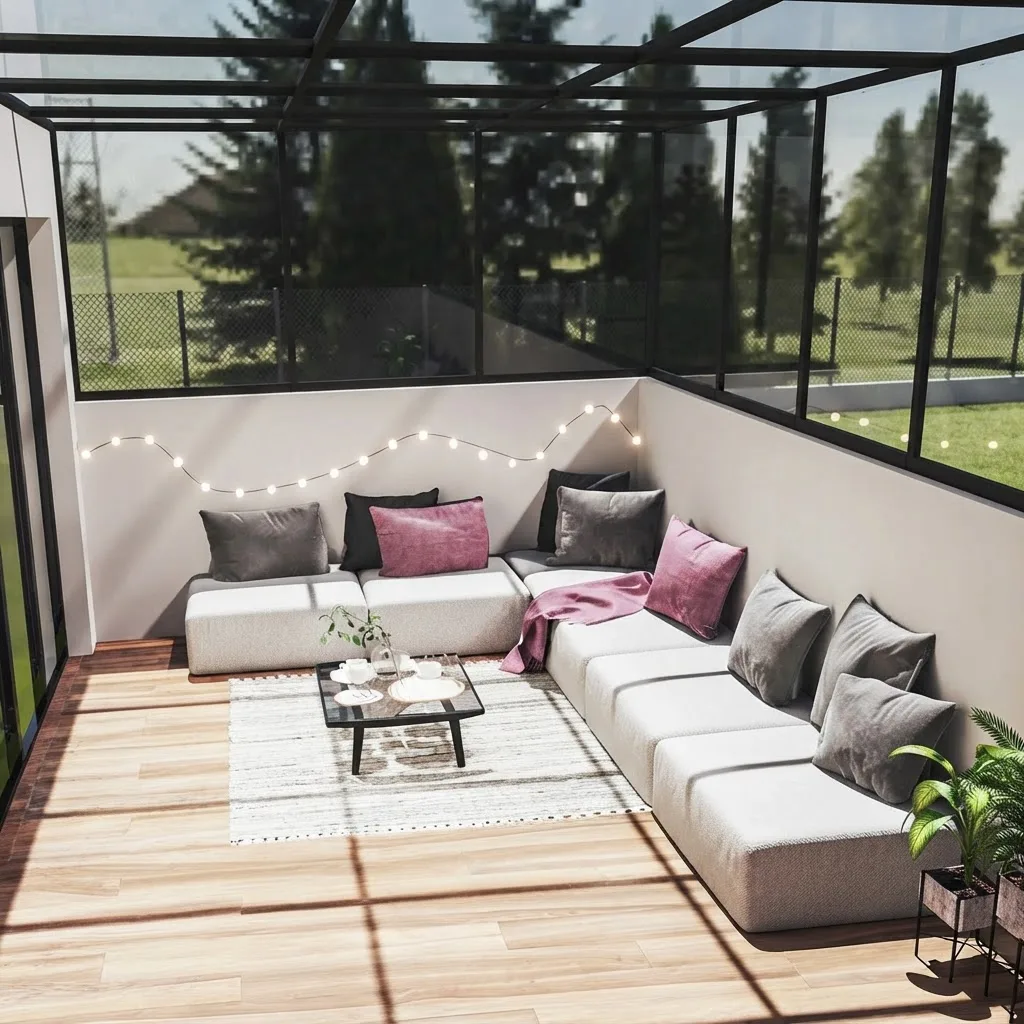 Three season screened porch with mesh walls, a large pale sectional with cushions, a low coffee table, string lights overhead and a lawn with trees outside