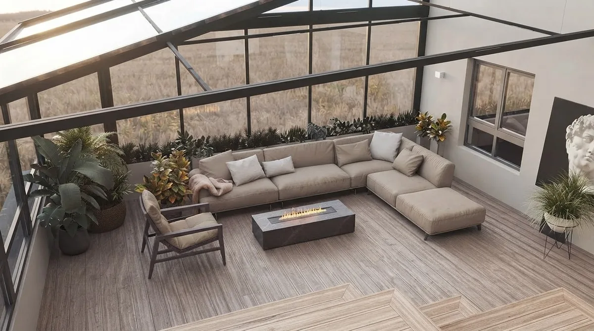 Four season sunroom under a pitched glass gable roof with dark steel frames, a large pale sectional, a low fire feature and open countryside beyond the glazing