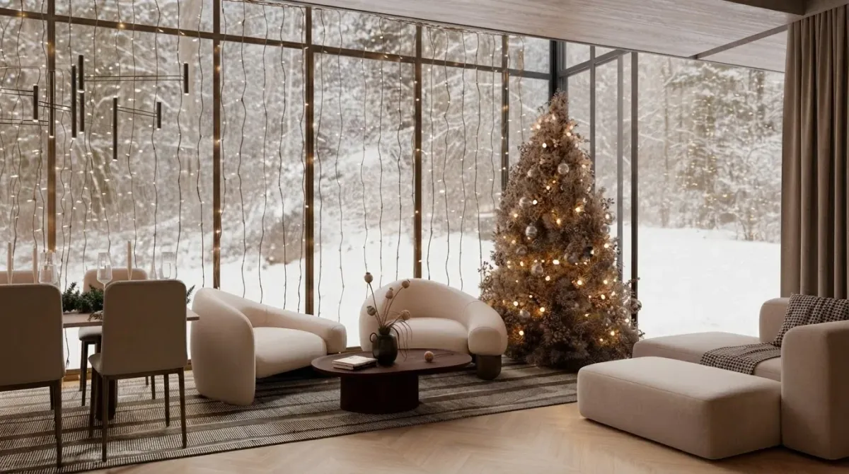 Cream lounge with floor to ceiling glass onto a snowy birch forest, string lights hanging down the glazing, a lit Christmas tree in the corner, boucle armchairs and a walnut coffee table