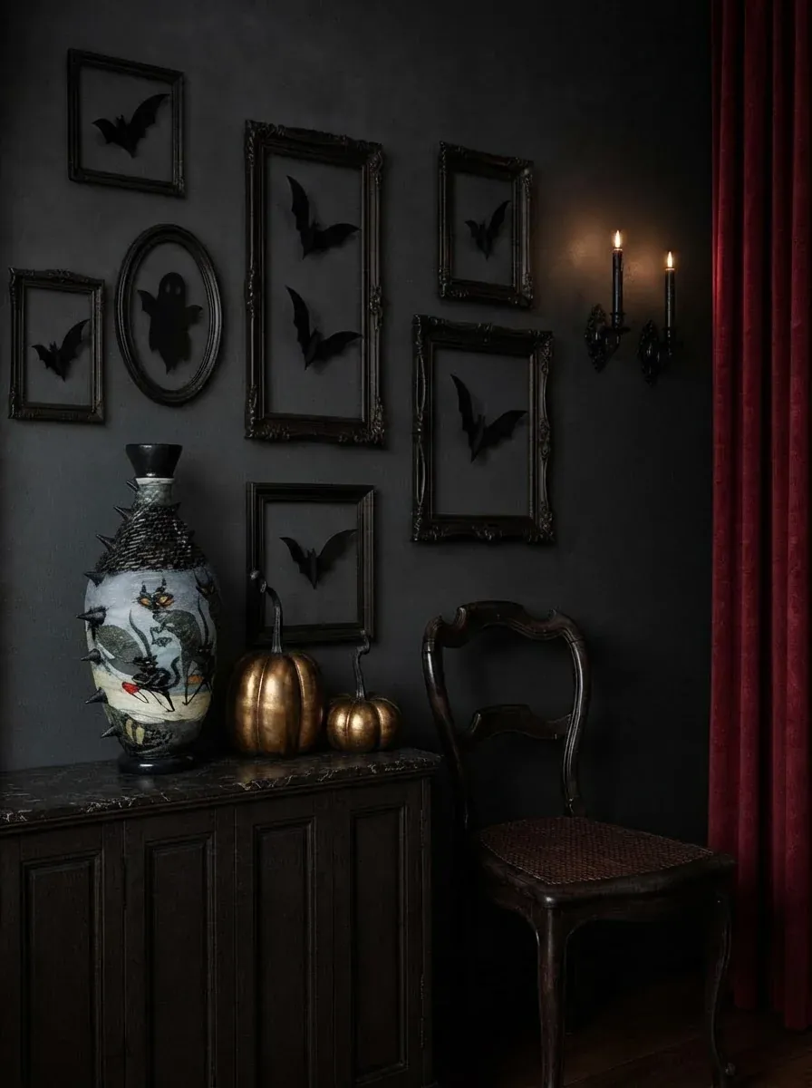 Black wall with a gallery of empty and bat silhouette frames, a candle sconce, a painted vase, gold pumpkins on a dark sideboard and a red velvet curtain