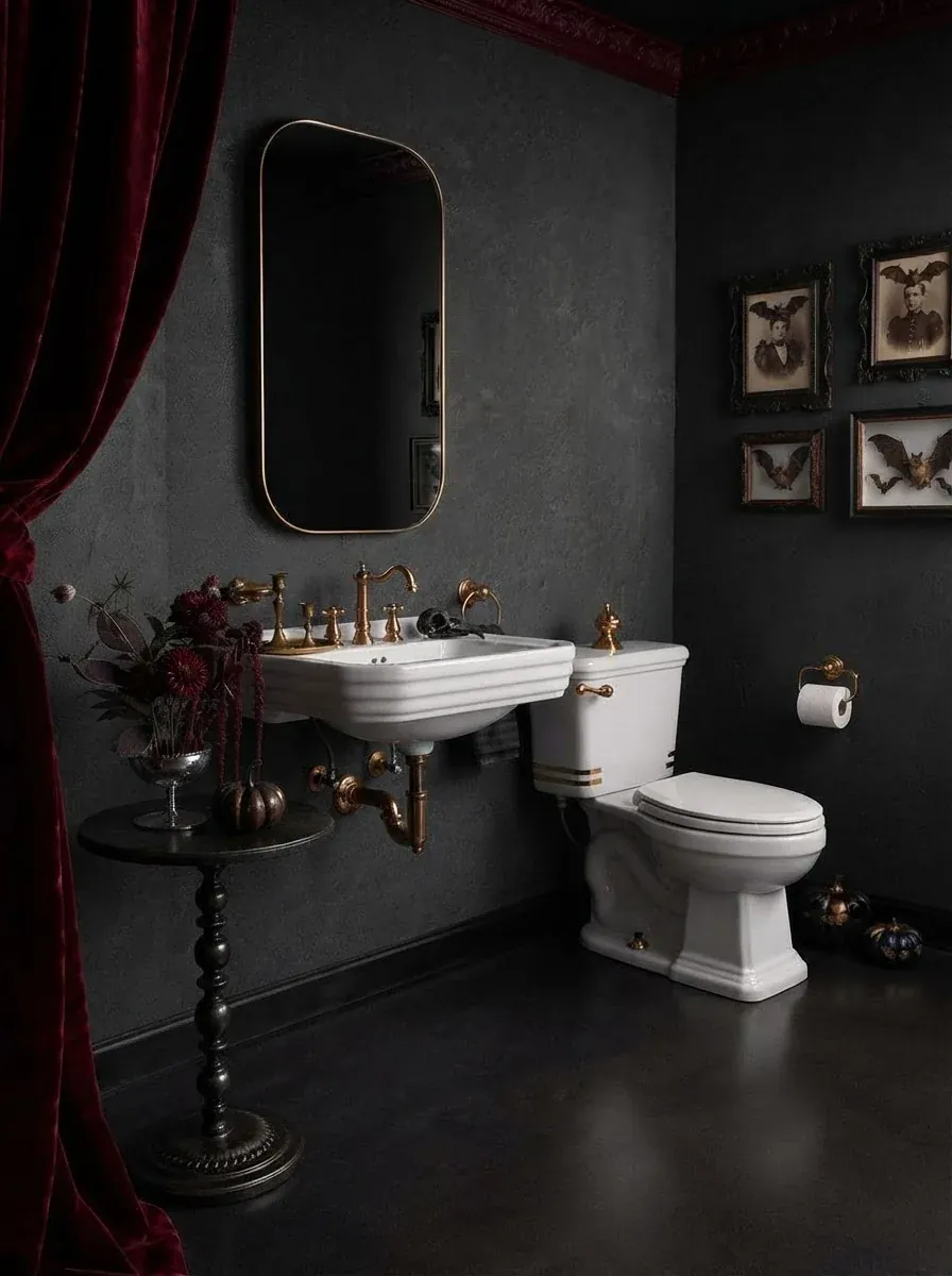 Gothic powder room with charcoal plaster walls, a red velvet curtain, a white pedestal sink with brass taps, a slim brass mirror, dark florals on a black turned side table and small framed bat prints