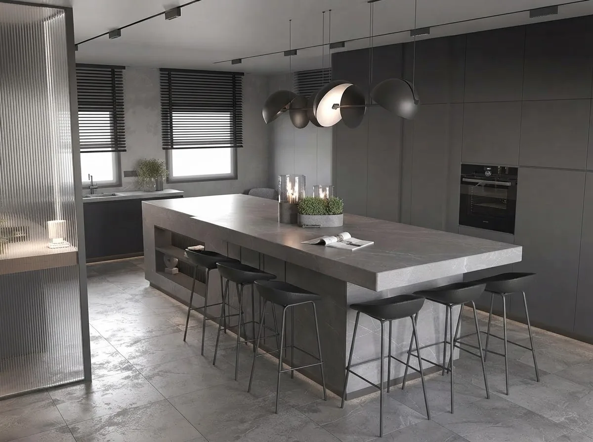An industrial kitchen with graphite flat cabinets, a long concrete island with a breakfast bar and black stools, polished concrete floor and black globe pendants