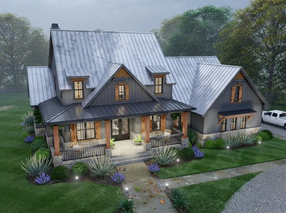 Gray board and batten farmhouse with a standing seam metal roof, three dormers, natural wood porch posts and lavender planting along the front