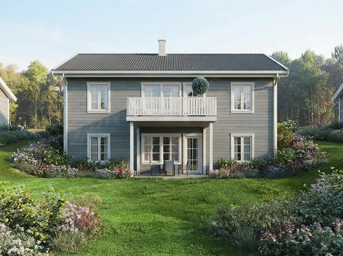 Two story house in light gray clapboard siding with white trim, a dark gray roof, a white balcony and a flowering garden
