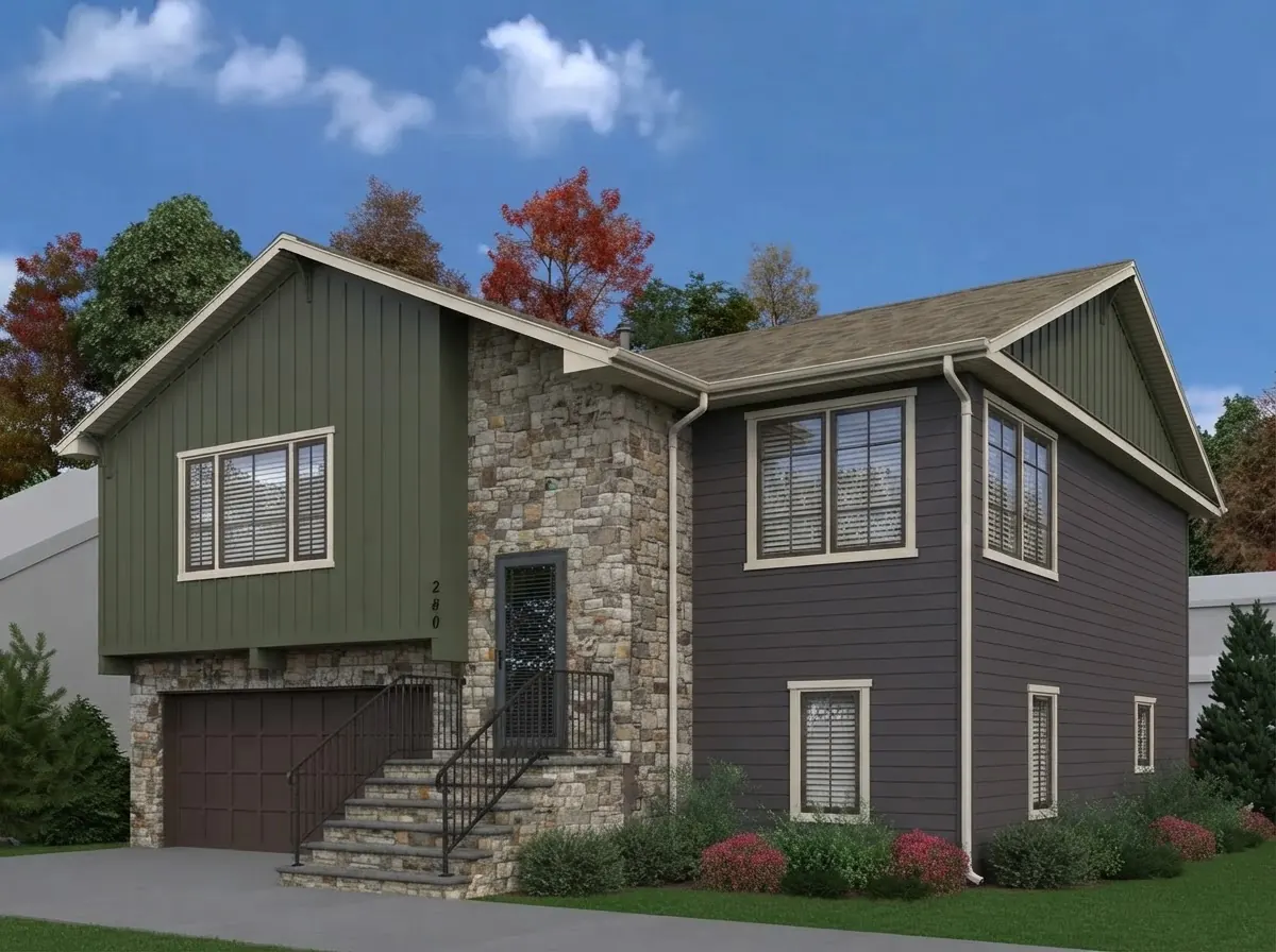 Split level house with sage green board and batten on the gables, charcoal horizontal lap siding below, a stone entry tower with stairs and a two car garage