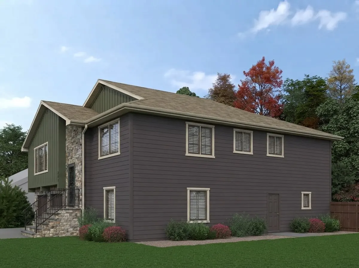 Split level house with dark brown charcoal lap siding on the lower walls, olive board and batten on the gable, white window frames and a stone entry