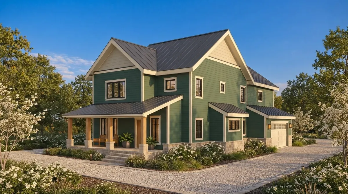 Forest green craftsman house with cream trim, a charcoal shingle roof with standing seam porch roofs, a covered front porch and a gravel drive
