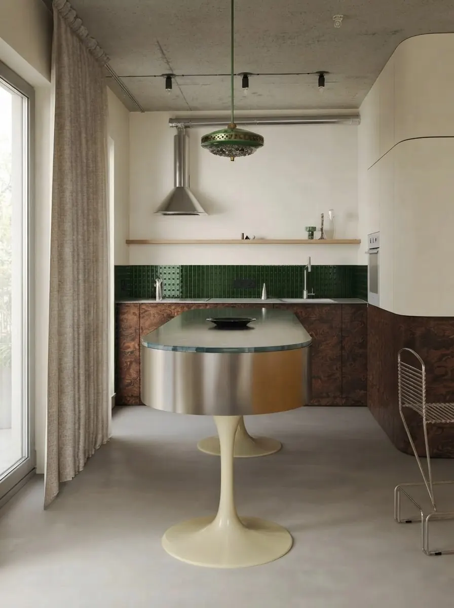 Retro style kitchen with a round stainless steel island on a cream tulip pedestal base, a curved cream wall unit, a band of green tiles, brown wood lower cabinets and a chimney range hood