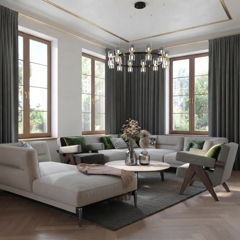 Living room with floor length charcoal grey drapes framing two tall windows, a cream sectional sofa, a round coffee table and a ring chandelier