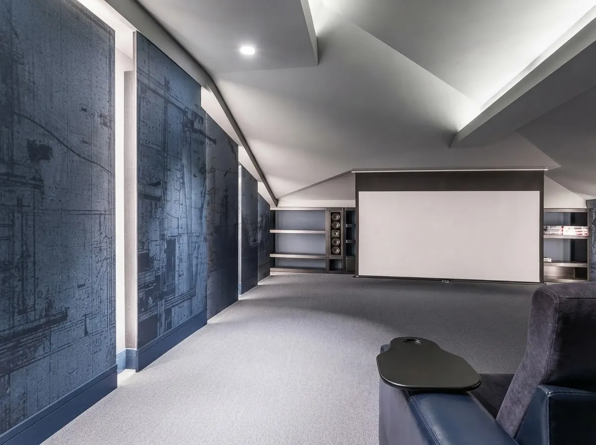 Home cinema with fabric wrapped wall panels in a muted blue grey print, grey carpet, a white projection screen and leather recliners in the foreground